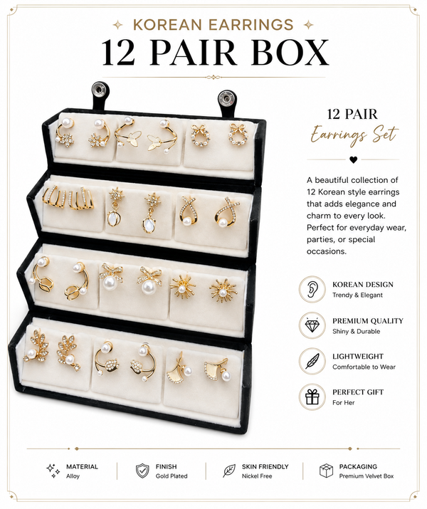 Korean Earrings 12 Pair Box – Premium Collection